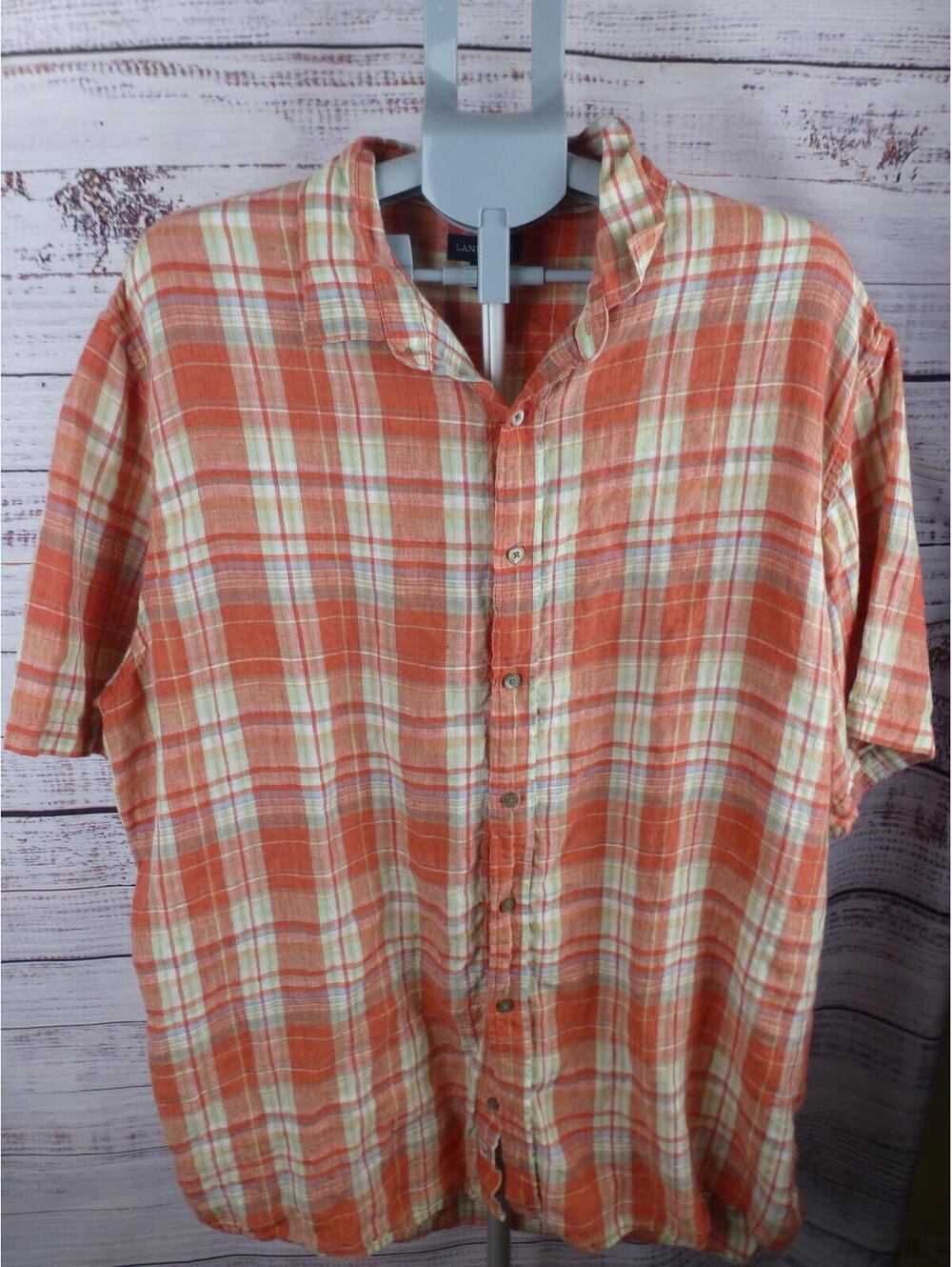 Lands' End Men's XXL/T Traditional Fit Orange Plaid Linen Short Sleeve Shirt